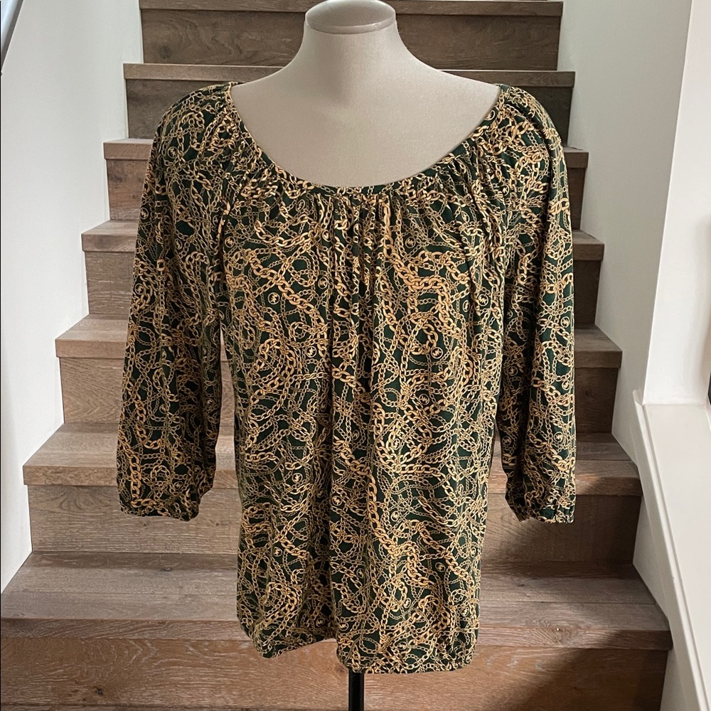 Michael Kors Green Chain-Print Peasant Blouse